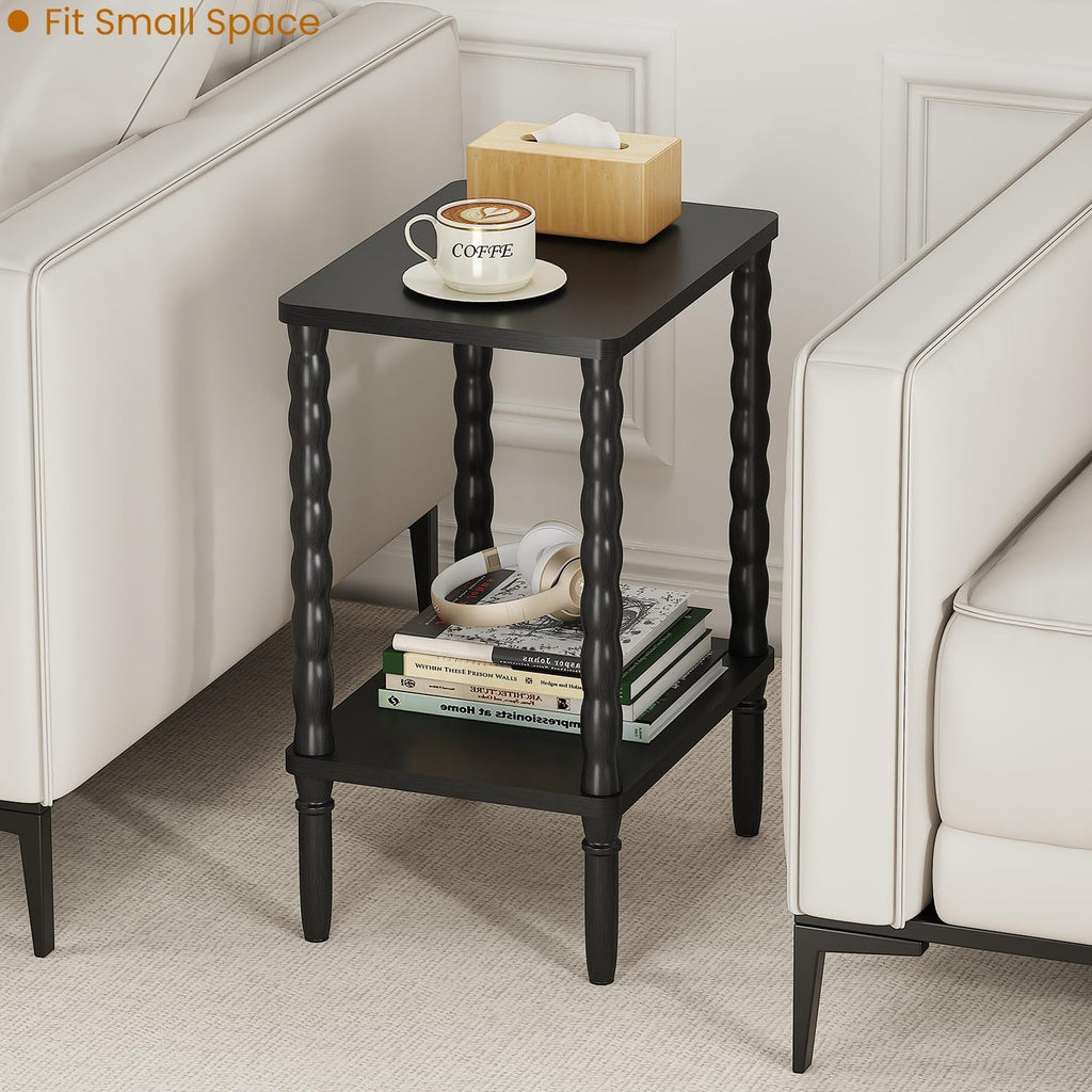 Small Narrow Side Table, Vintage End Table - Skinny Bedside Nightstand for Small Spaces, Couch/Recliner Accent Table for Bedroom Living Room Nursery, No-Tool Assembly (Black)