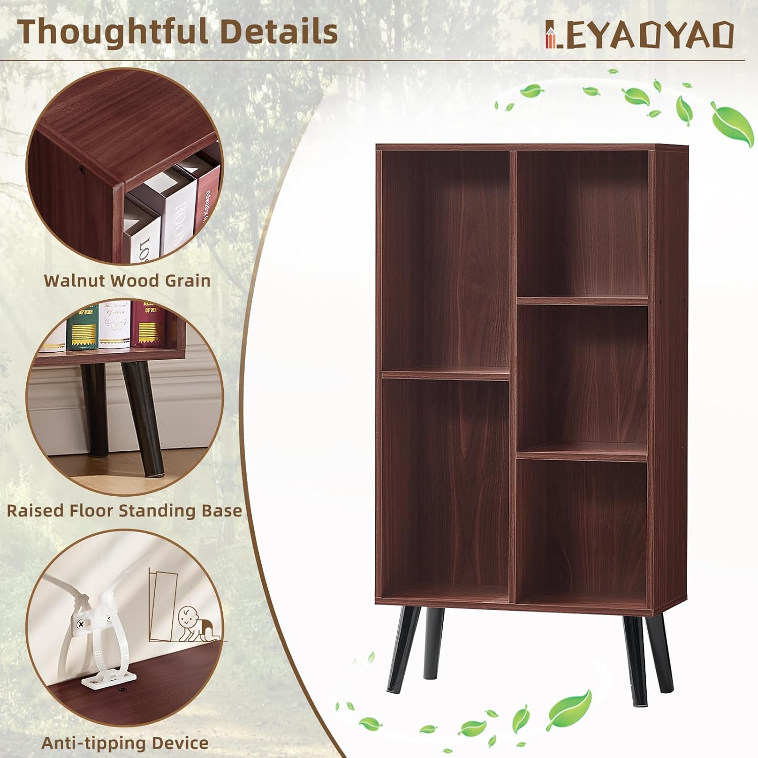 LEYAOYAO 5 Cube Bookshelf 3-Tier Bookcase with Legs,Mint Walnut Kids Book Shelf Cute Storage Organizer,Free Standing Open Toy Shelves Wood Bookshelves,Display Bookcases for Bedroom,Living Room,Nursery