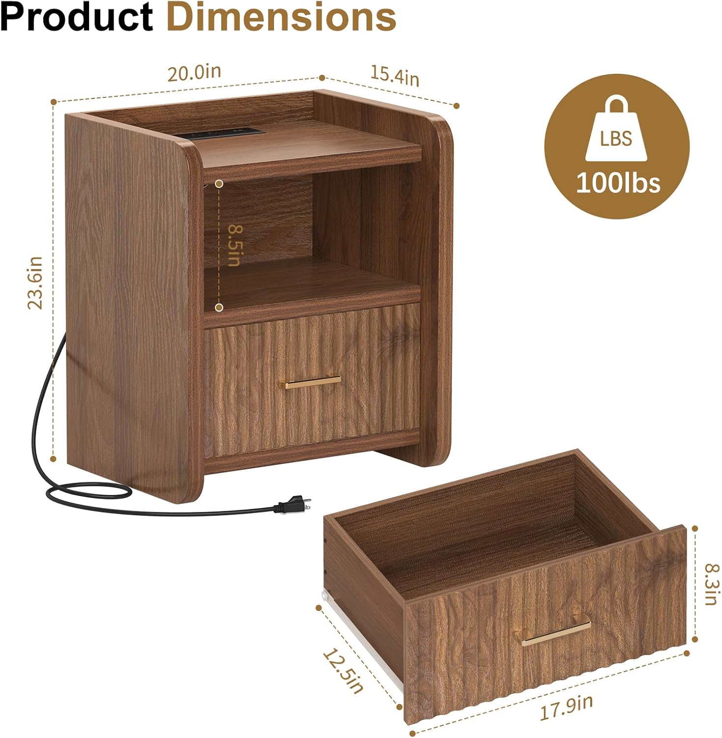 Night Stand with Charger Station - Modern Wood Nightstand with Drawer Storage, Fluted Wide Nightstands Bedside Table, Mid Century Night Stands for Bedroom Home Office Sofa, Walnut