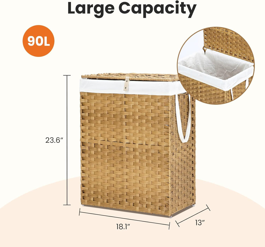 DUMOS Woven Laundry Basket with Lid, 90L Large Capacity Hamper, Removable & Machine-Washable Liner, Foldable Rattan Clothes Hamper, Sturdy Steel Frame, Odor Control, Goose Yellow