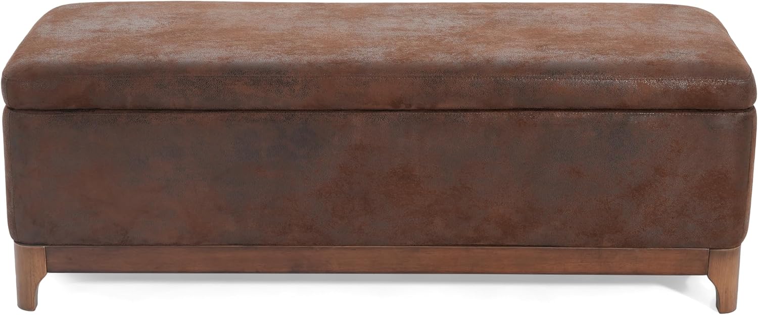 Christopher Knight Home Nesley Upholstered Ottoman with Storage for Living Room, Microfiber Modern Storage Ottoman Foot Rest, Wooden Bedroom Rectangular End of Bed Bench, Brown