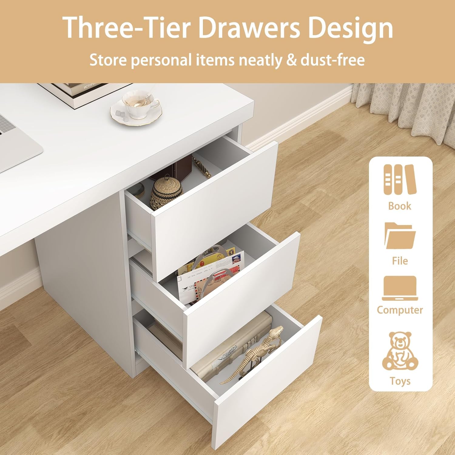 furtble White Desk with Drawers, 43'' W Home Office Computer Desk Gaming Table, Modern Vanity Desk with Storage, Wood Writing Workstation for Bedroom, Living Room, White
