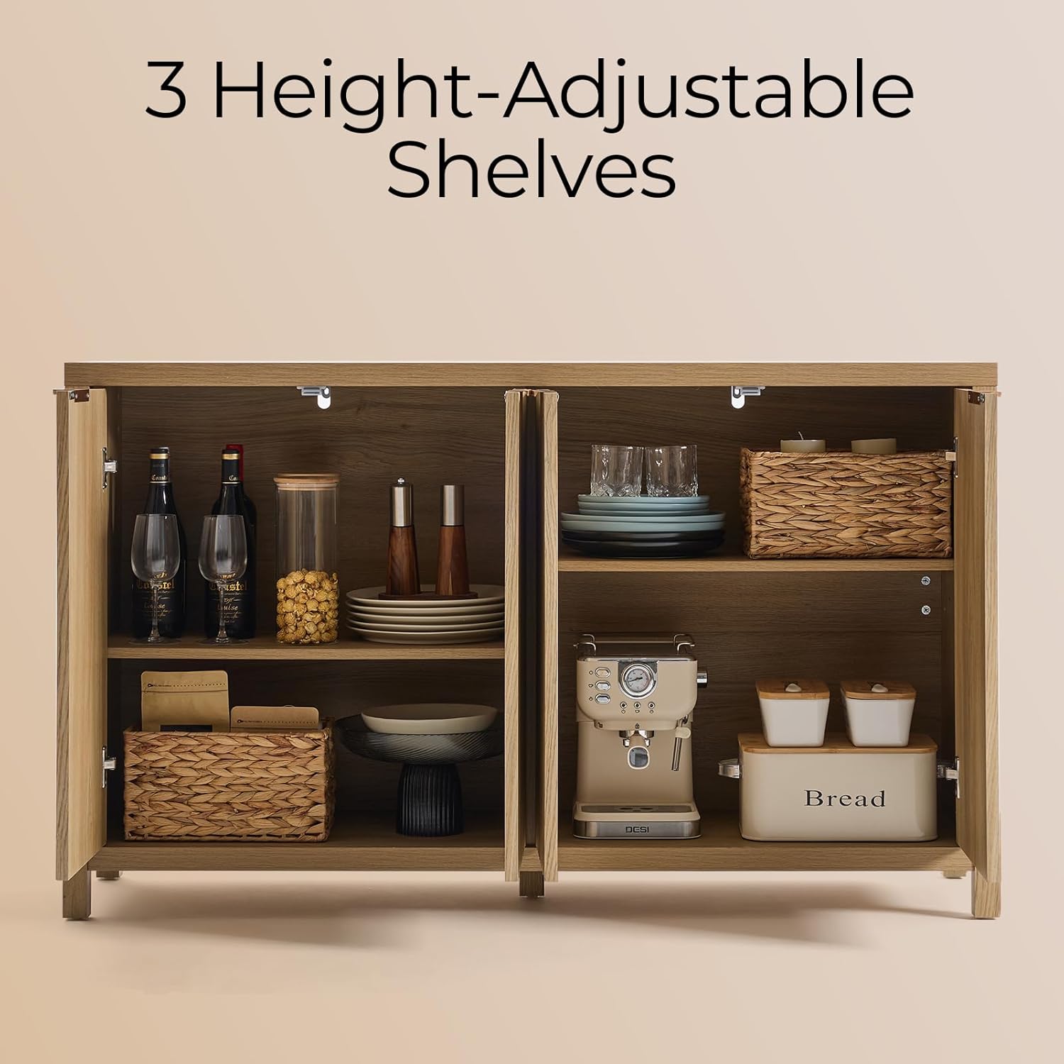 OAKHAM HOME Buffet Cabinet Fluted Sideboard 56" Accent Cabinet with Adjustable Shelves 4 Doors Modern Storage Credenza for Living Room Kitchen Hallway,Golden Oak
