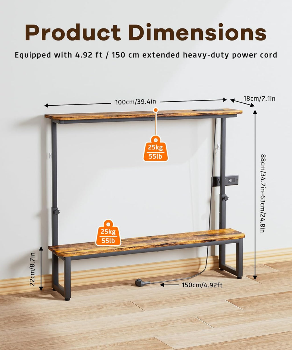 Homde 2-Tier Narrow Console Table: Industrial Design with Adjustable Height & Outlets - 39.4" Small Entryway Shelf for Living Room Hallway Behind Couch - Sofa Side Desk Display Shelf