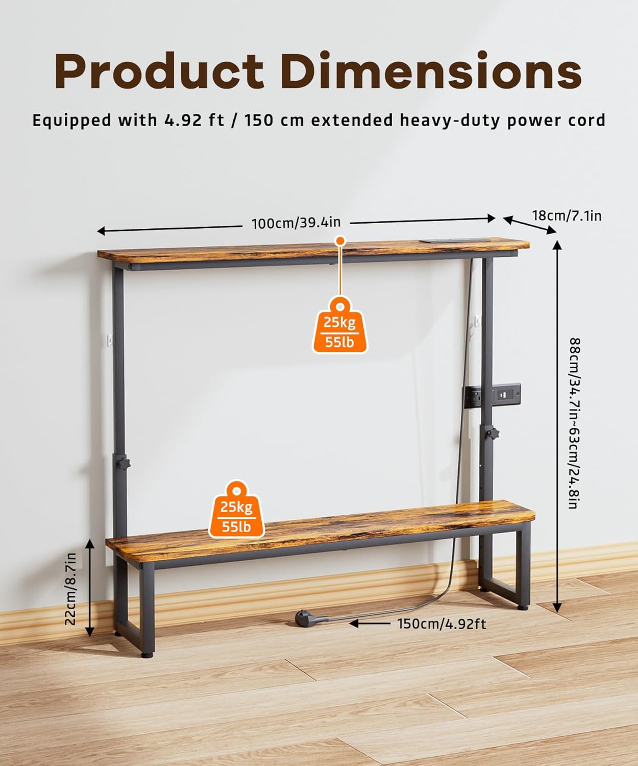 Homde 2-Tier Narrow Console Table: Industrial Design with Adjustable Height & Outlets - 39.4" Small Entryway Shelf for Living Room Hallway Behind Couch - Sofa Side Desk Display Shelf