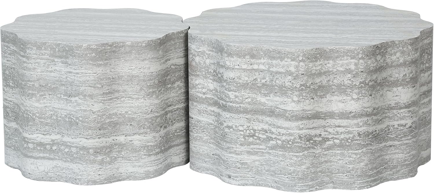 23.6''+26.7'' Set of 2 Faux Mars Pattern Round Coffee Tables, Modern Mini Side Tables Accent End Table for Apartment, Office, Living Room, (Beige Grey)