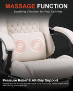 Big and Tall Gaming Chair with Massage and Footrest, Ergonomic High Back PU Leather Computer Office Chair for Heavy Adults, Supports 350LBS, Modern Ivory