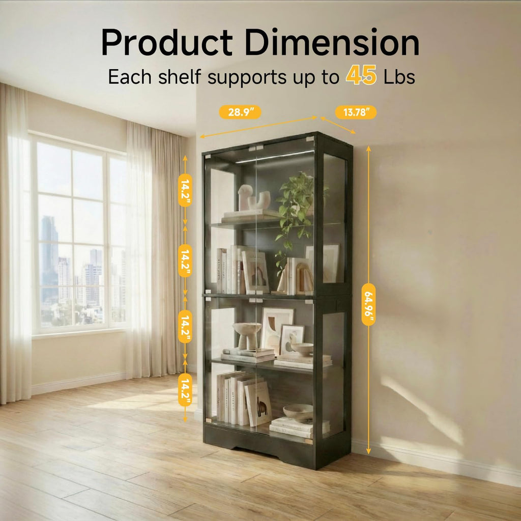 GINGO 2 Pack 5.5 Ft Display Cabinet with Glass Doors, 4-Tier Curio Cabinet W/ 3 Color Lights for Collectibles, Glass Display Case with Human Body Sensor, Bookcase W/ 4 Shelves, Storage Cabinets, Black