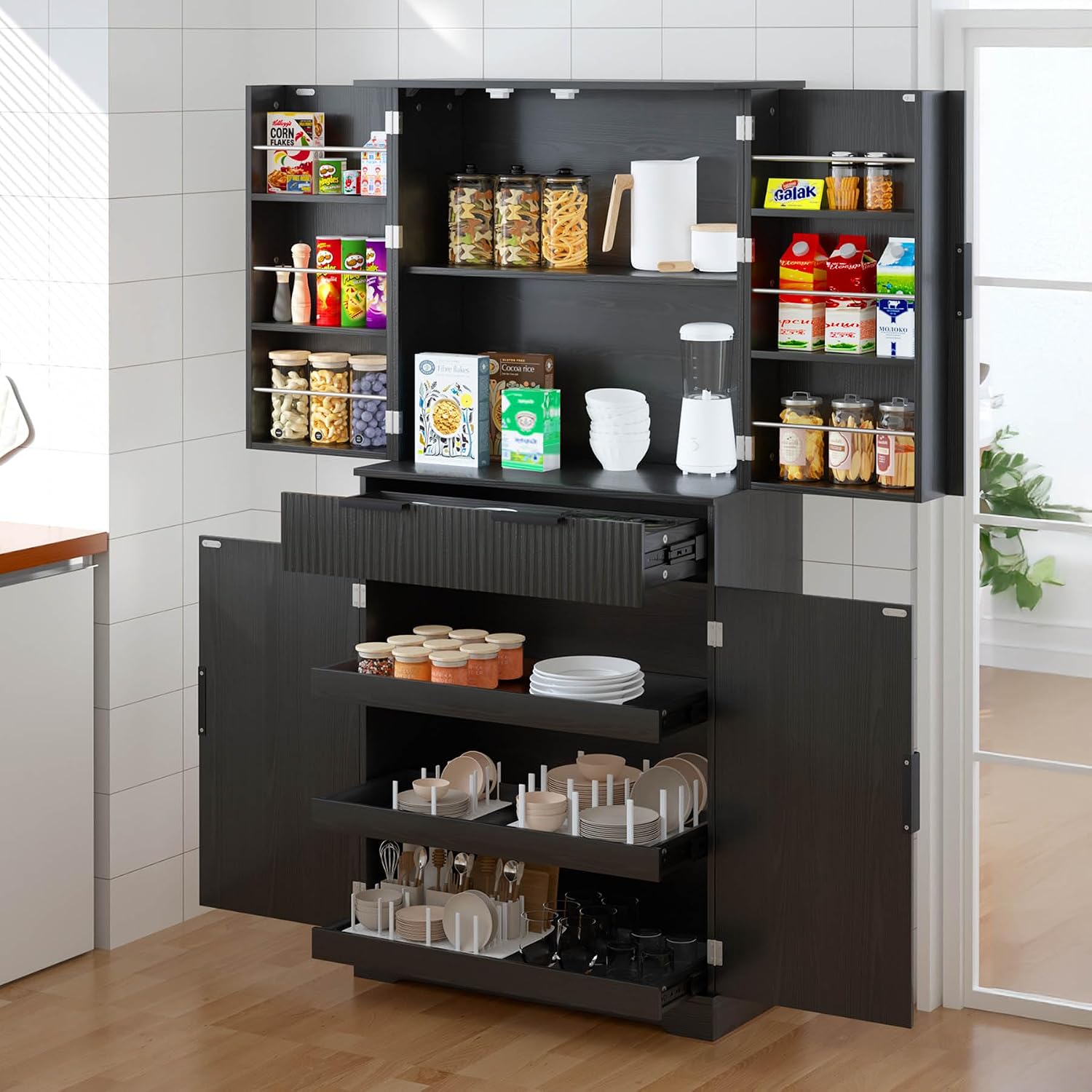 72" Tall Kitchen Pantry Cabinet with 3 Drawers & 6 Adjustable Shelves - Freestanding Storage Cupboard for Bathroom, Dining Room, Office or Entryway, Organizer Cabinet, (Black)