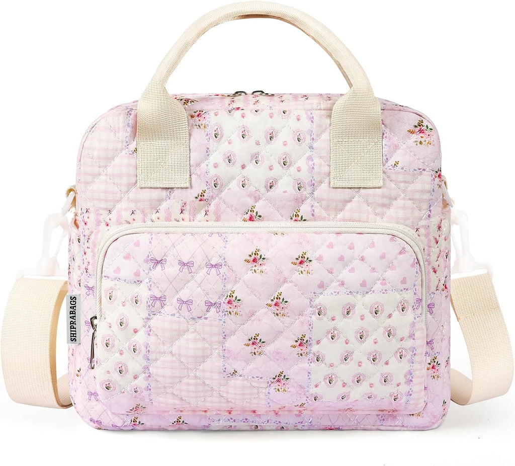 Quilted Lunch Box for Women, Large Insulated Lunch Bag for Adult,Elegant Pink Patchwork Cute Portable Tote Bags for Work Travel Beach Picnic (Purple Patchwork, M)