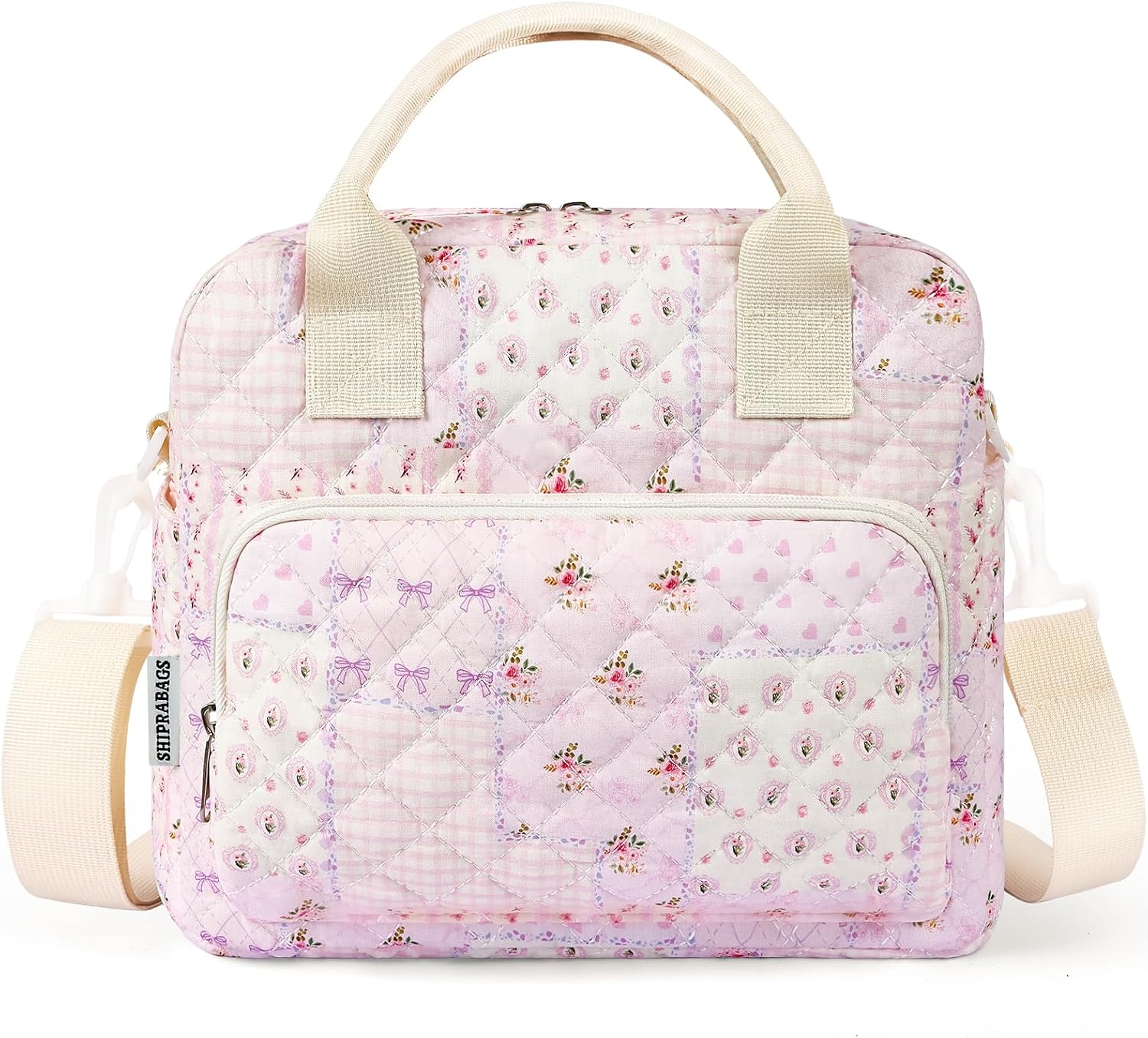 Quilted Lunch Box for Women, Large Insulated Lunch Bag for Adult,Elegant Pink Patchwork Cute Portable Tote Bags for Work Travel Beach Picnic (Purple Patchwork, M)
