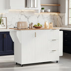 VINGLI Fluted Kitchen Island Cart on Wheels with Storage, Folding Rolling Kitchen Island with Drawers, Small Portable Island Table with Extendable Rubber Wood Top, White