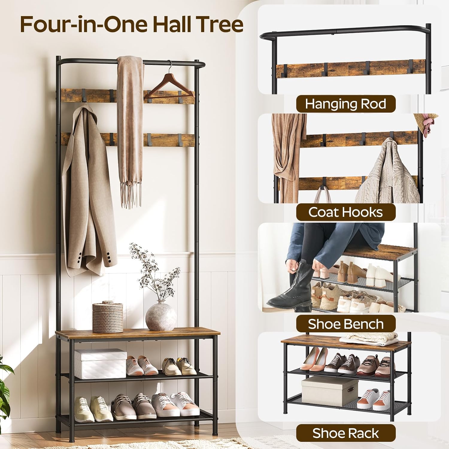 YATINEY Hall Tree, Coat Rack with Shoe Bench, 4-in-1 Entryway Bench with Storage Shelves, Hanging Rod and 8 Movable Hooks, Hall Tree with Storage Bench for Hallway, Rustic Brown and Black MT02BR