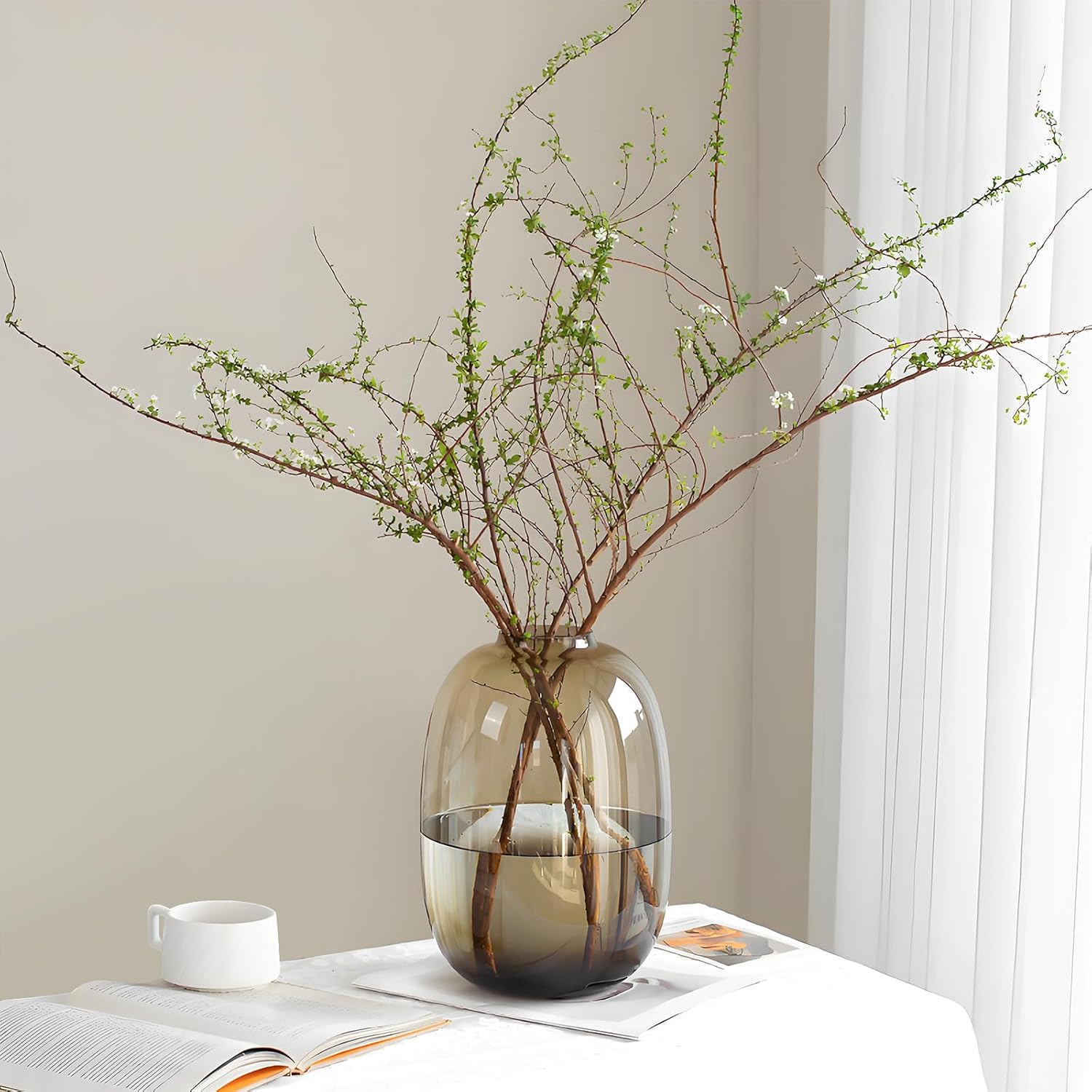 GeLive Brown Glass Vase Round Clear Colored Flower Vase for Centerpiece Long Stem Branch Fresh Artificial Plant Bottle Modern Home Indoor Decoration (Brown)
