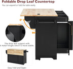 Merax 59.3" Black Kitchen Island with Storage, 2 Pull Out Cabinet Organizers & Rubber Wood Drop Leaf, Rolling Island Table with Trash Can Storage, Power Outlet, Spice & Towel Rack for Kitchen Dining