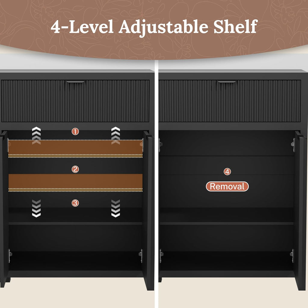 55" W Fluted Buffet Cabinet with Storage Accent Sideboard with 2 Drawers & 4 Doors,Wood Console Coffee Bar Table with Adjustable Shelves for Living Room,Kitchen and Dining Room