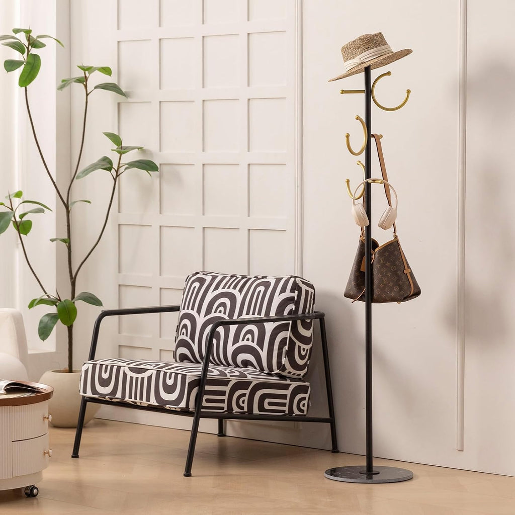 JIAYUEJU Coat Rack Freestanding Corner Coat Tree Hat Rack Stand with Heavy duty Marble Base & 6 Hooks for Entryway, Hallway, Living Room, Bedroom, Hotel, Office 14.57”x 14.57”x 66.93”