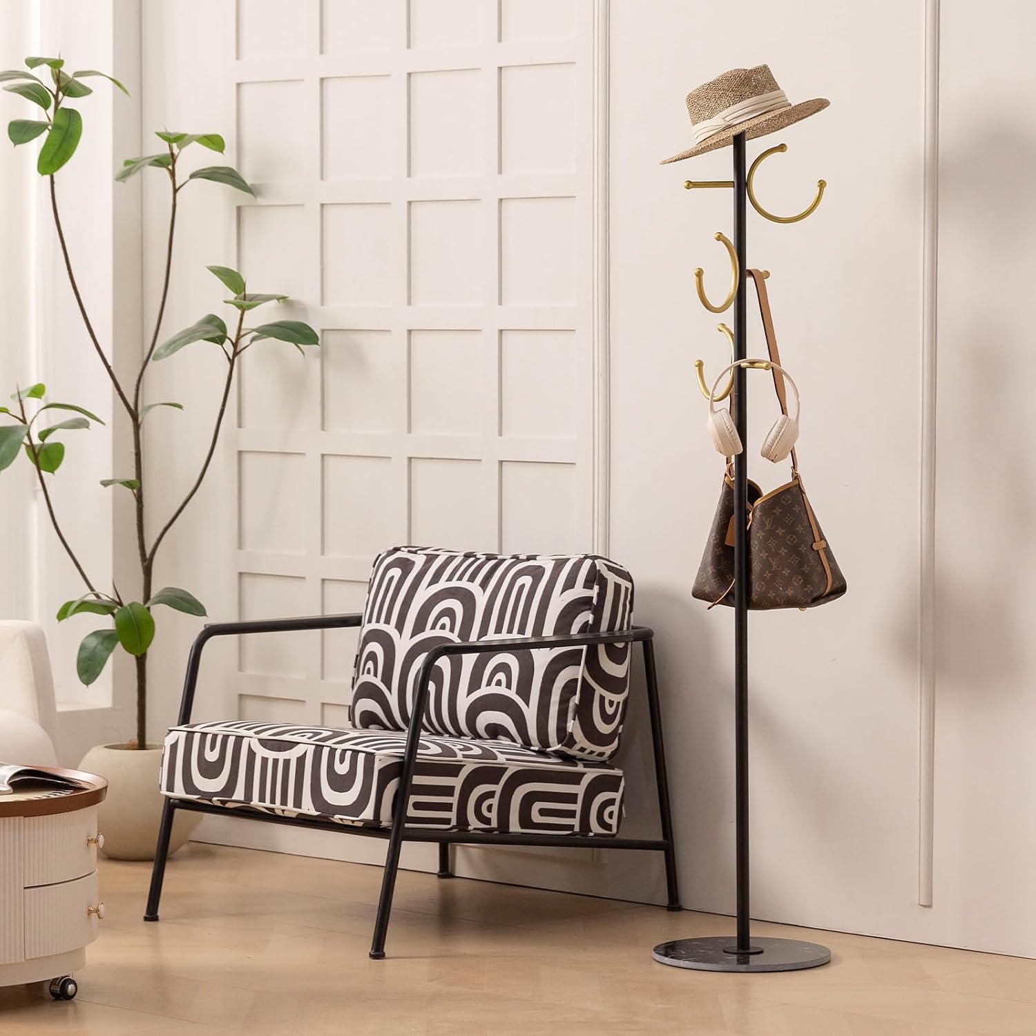 JIAYUEJU Coat Rack Freestanding Corner Coat Tree Hat Rack Stand with Heavy duty Marble Base & 6 Hooks for Entryway, Hallway, Living Room, Bedroom, Hotel, Office 14.57”x 14.57”x 66.93”
