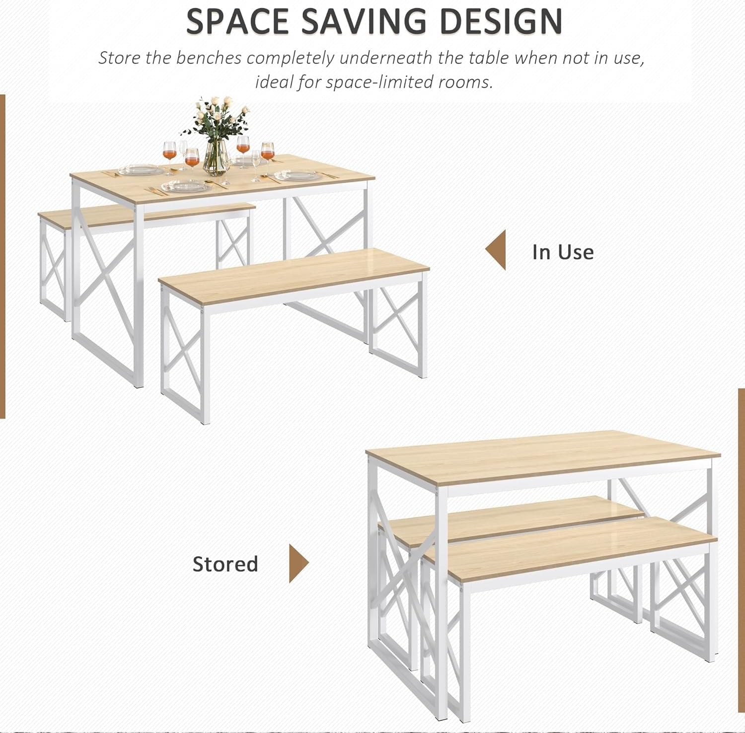 VECELO 43.3" Kitchen Dining Table Set for 4, Heavy-Duty Steel Frame & Wood-Grain Tabletop, Space-Saving Dinette Sets with 2 Benches for Breakfast Nook and Small Space, Natural