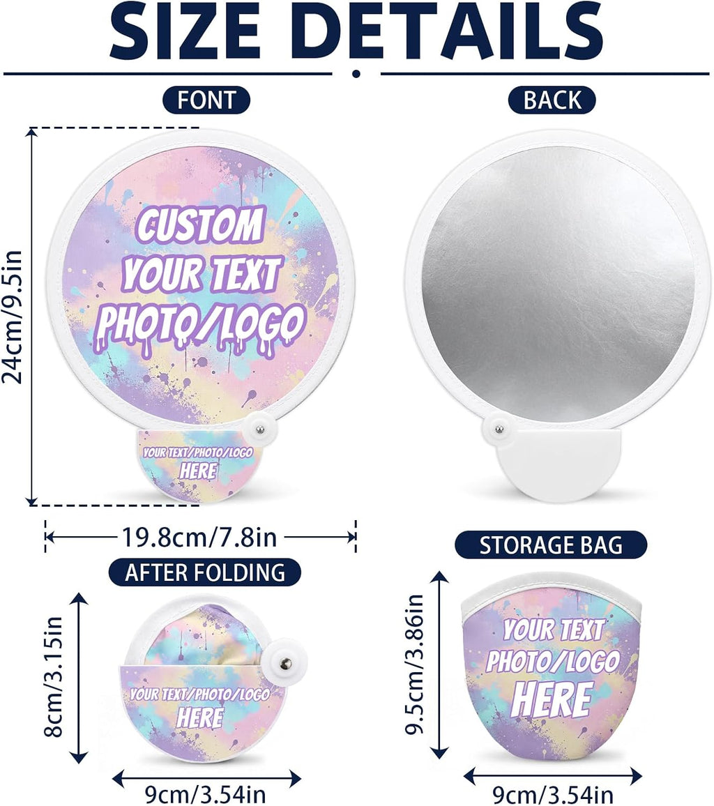 Custom Foldable Flying Disc Fans with Storage Pouches Bulk 100Pcs Personalized Round Handheld Fans with Logo/Photo/ Text personalized Portable Pocket Folding Hand Fans for Wedding Favors, Trade Shows