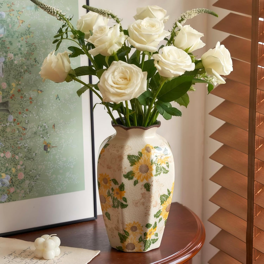 Levvohd Vintage Octagonal Ceramic Vase Sunflower Pattern 9.3 Inch | Rustic Farmhouse Antique, Chinoiserie Floral, Pastoral, For Wall Art Bedroom and Shelf