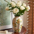 Levvohd Vintage Octagonal Ceramic Vase Sunflower Pattern 9.3 Inch | Rustic Farmhouse Antique, Chinoiserie Floral, Pastoral, For Wall Art Bedroom and Shelf