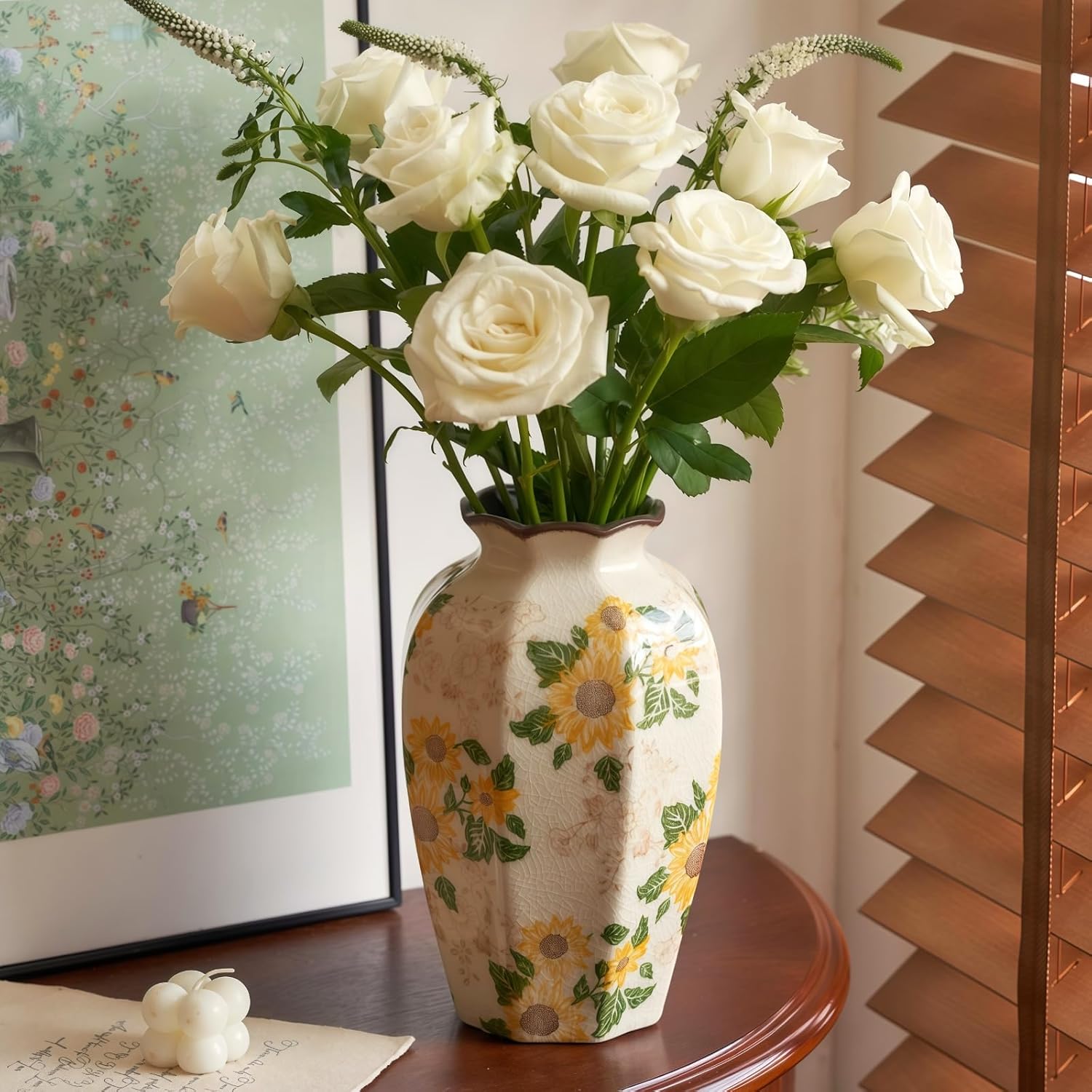 Levvohd Vintage Octagonal Ceramic Vase Sunflower Pattern 9.3 Inch | Rustic Farmhouse Antique, Chinoiserie Floral, Pastoral, For Wall Art Bedroom and Shelf