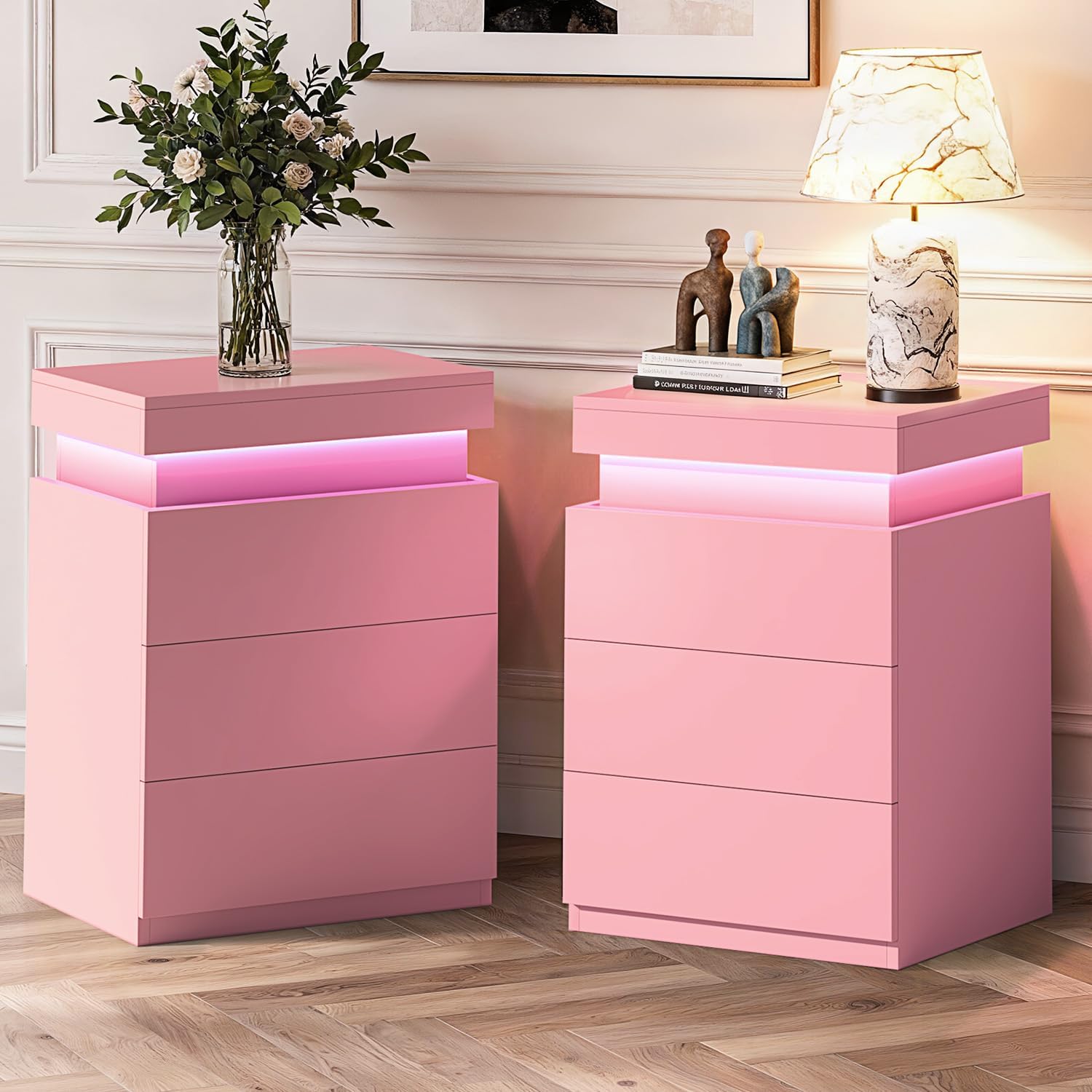 ADORNEVE Pink Nightstand with Charging Station and LED Lights | Night Stand with Sliding Top,Bedside Table with Drawers,Modern End Side Table for Bedroom