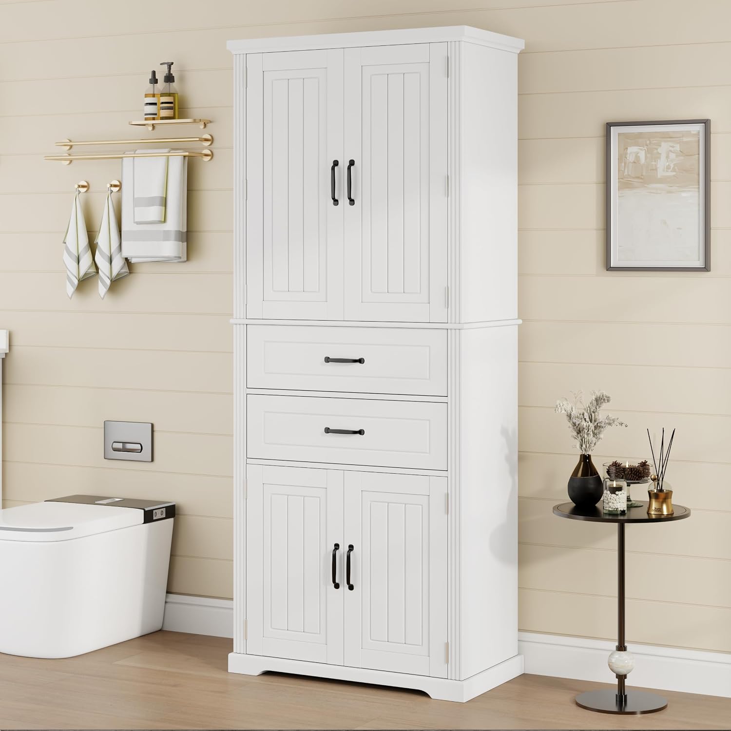 73 Inch Bathroom Storage Cabinet with Door Shelves, White | White MDF, bathroom kitchen or dining room, door shelves, adjustable shelf, lower compartments, anti-tip devices, 72.5 in H