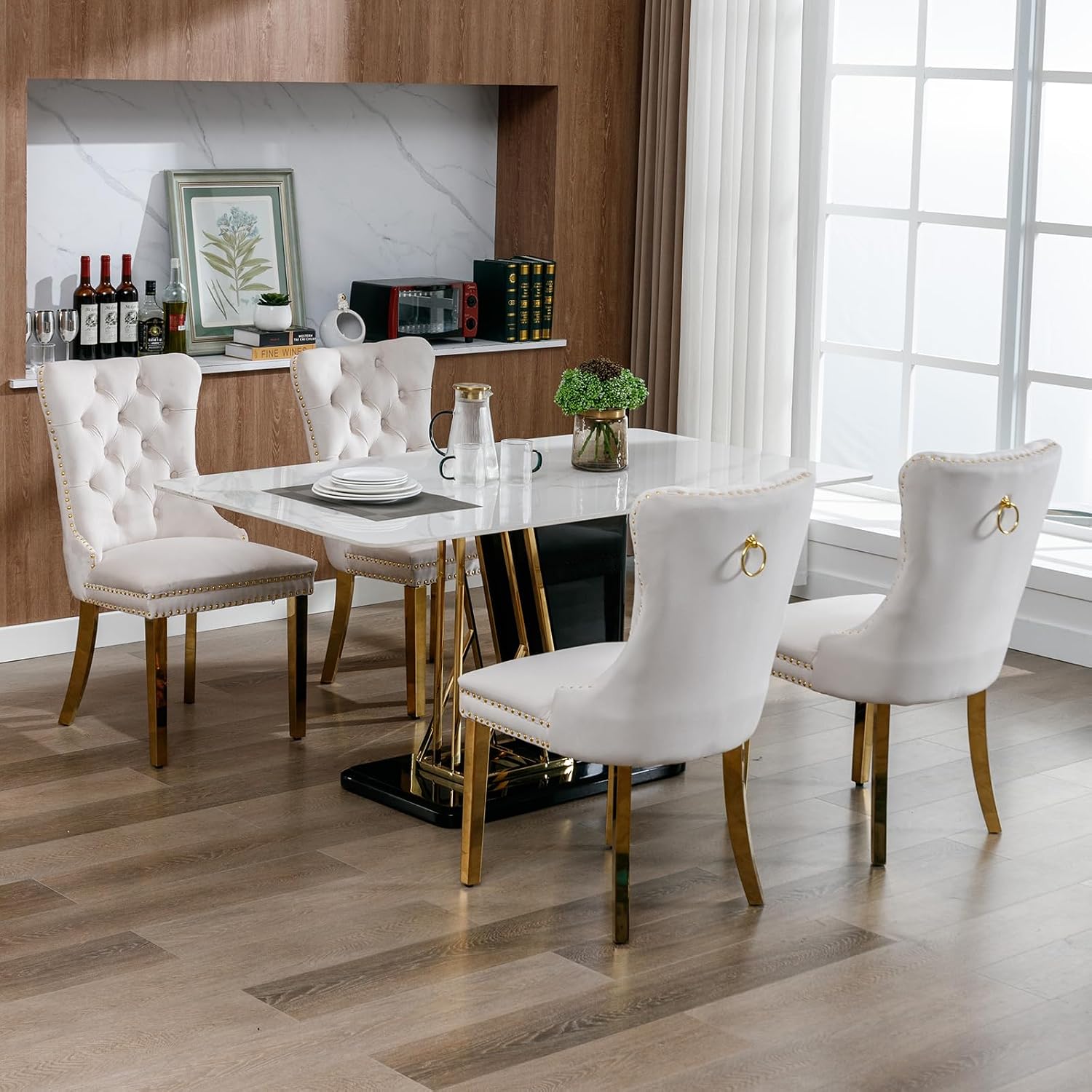 Mid Century Modern Dining Chairs Set of 4, Beige Velvet Upholstered Tufted Back, Kitchen & Dining Room Chairs, Gold Metal Legs, Nailhead Trim, Sillas para Comedor (Beige, 4 Pcs)