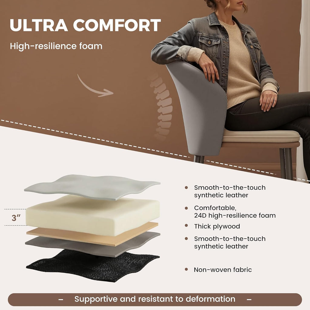 Modern Dining Chairs Set of 4, Faux Leather Upholstered Accent Chair with Metal Legs, Kitchen Side Chair with Comfortable Seat for Dining Room, Living Room, Bedroom, Light Grey