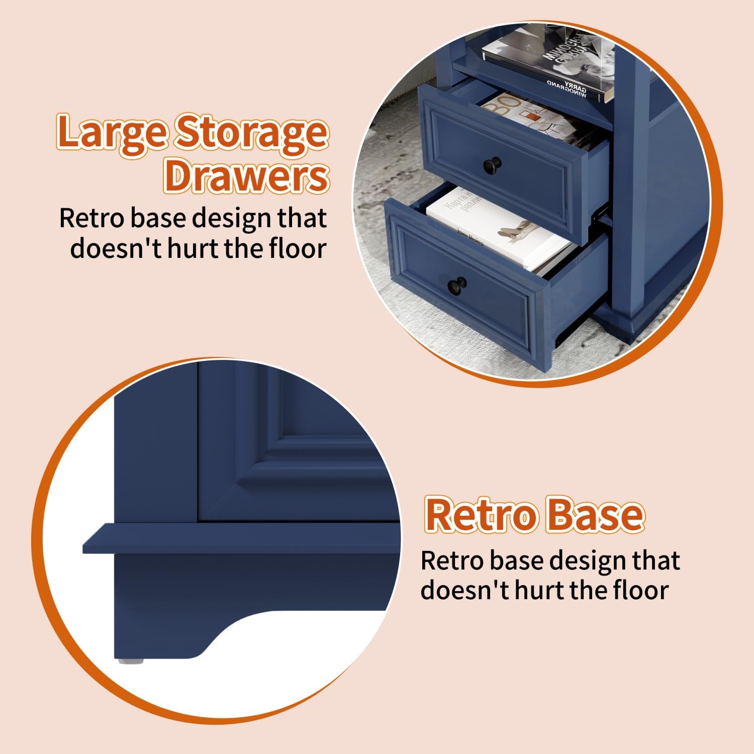 MUUEGM 18" End Tables for Living Room Farmhouse Night Stand with Charging Station Navy Blue Side Tables for Bedroom with 2 Drawers Bedside Table Rustic Wood