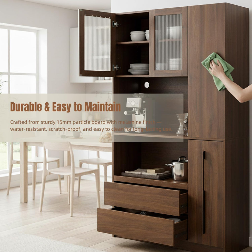 70.87" Tall Microwave Cart with Storage, Kitchen Pantry Cabinet with Multi-functional Pull-out Multi-tier Storage Shelf, 4-Tier Side Shelf 2 Drawers with Glass Door for Dining Room Home Office, Walnut