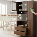 70.87" Tall Microwave Cart with Storage, Kitchen Pantry Cabinet with Multi-functional Pull-out Multi-tier Storage Shelf, 4-Tier Side Shelf 2 Drawers with Glass Door for Dining Room Home Office, Walnut