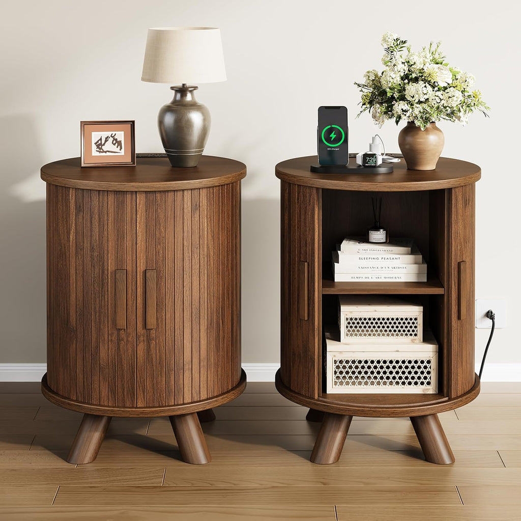 Round End Table with Storage - Fluted Side Table with Charging Station, Wood Nightstand with Sliding Tambour Door for Bedroom, Accent End Tables Living Room, Modern Bedside Table, Walnut