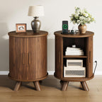Round End Table with Storage - Fluted Side Table with Charging Station, Wood Nightstand with Sliding Tambour Door for Bedroom, Accent End Tables Living Room, Modern Bedside Table, Walnut