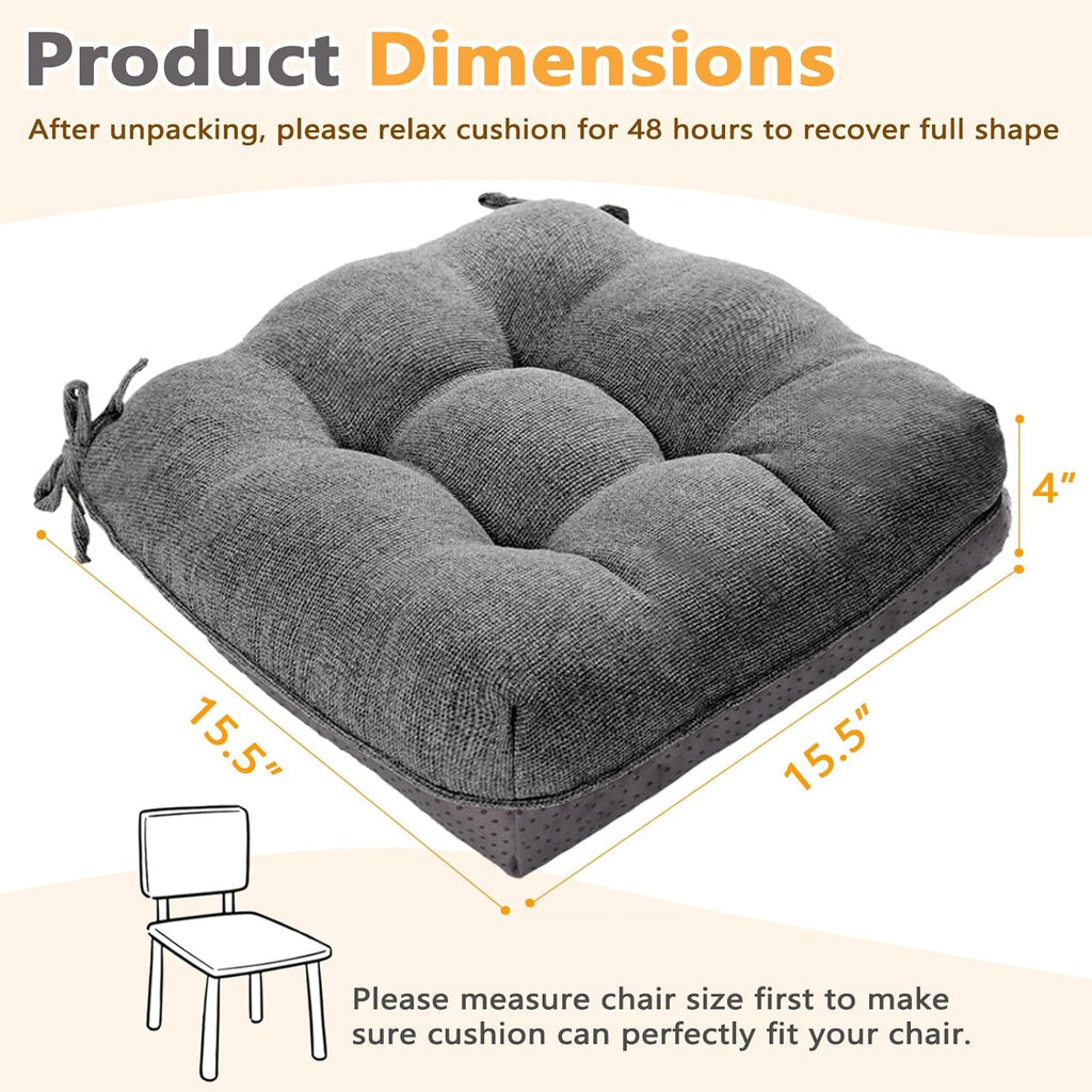 MAGIC ELEPHANT Chair Cushions for Dining Chair, Shredded Memory Foam Kitchen Chair Cushions Set of 4, Non-Slip Thick Dinning Room Chair Pads Seat Cushions, 15.5" x 15.5" x 4" (Grey)