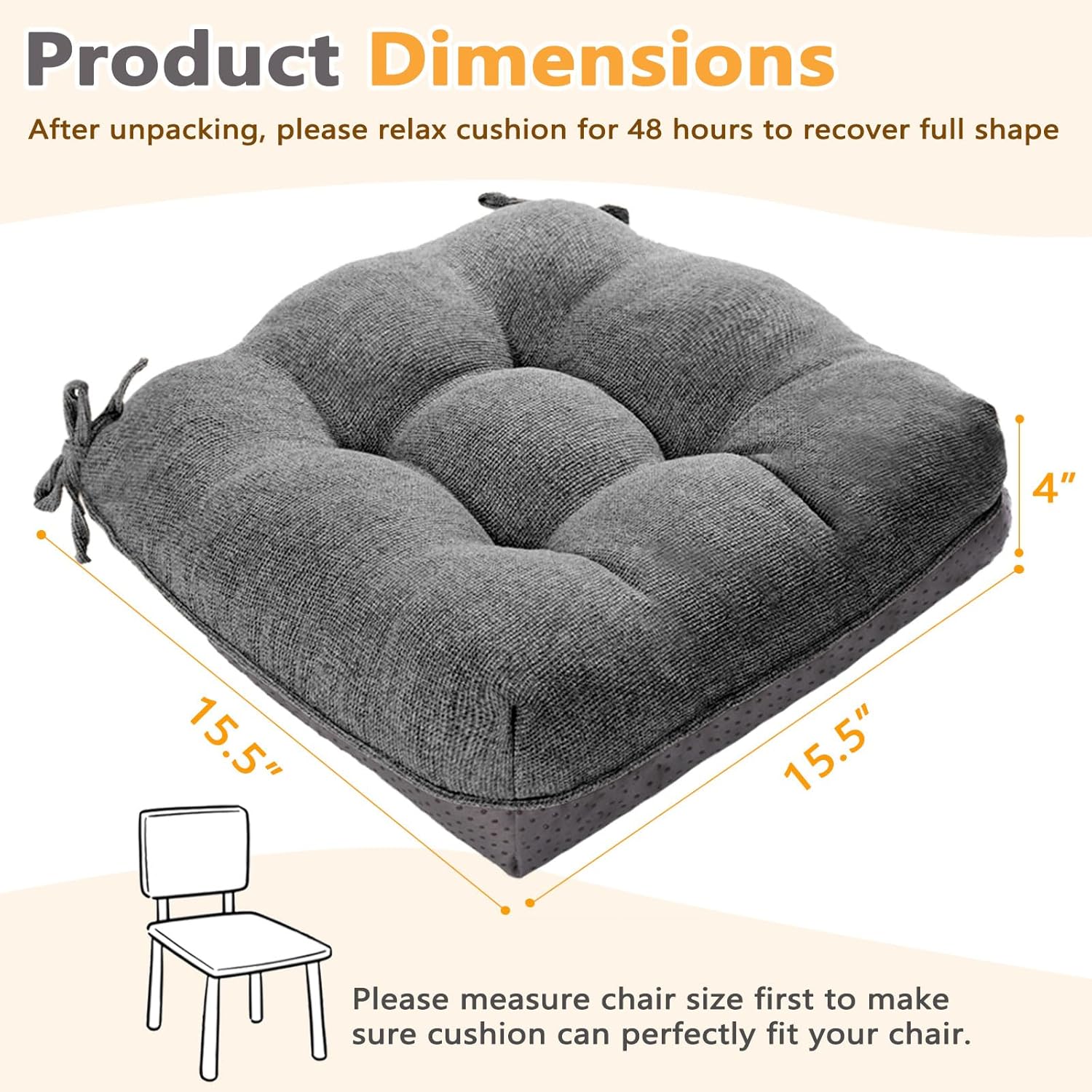 MAGIC ELEPHANT Chair Cushions for Dining Chair, Shredded Memory Foam Kitchen Chair Cushions Set of 4, Non-Slip Thick Dinning Room Chair Pads Seat Cushions, 15.5" x 15.5" x 4" (Grey)