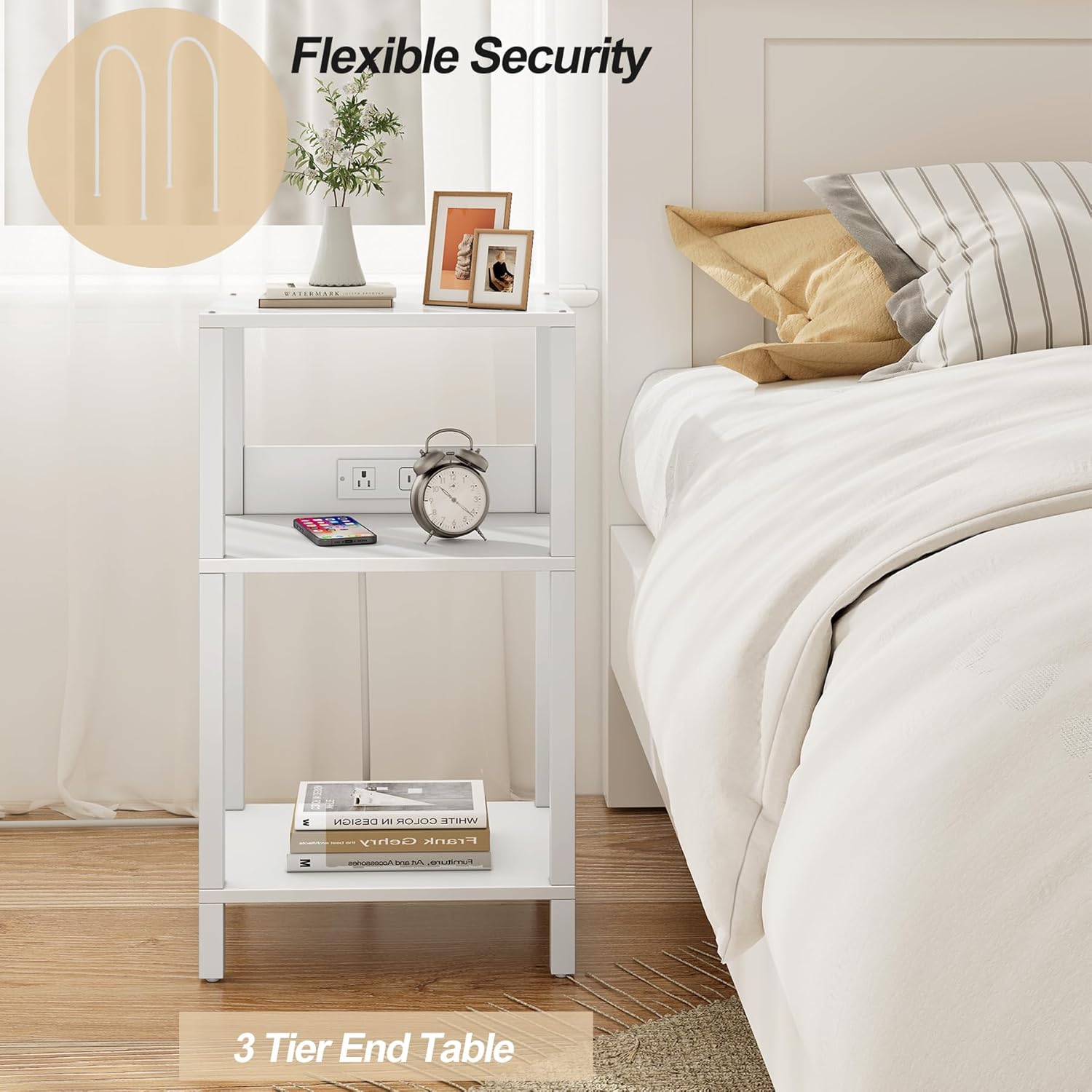 TUTOTAK Record Player Stand with Storage Up to 100 Albums | Record Storage Table, 3 Tier End Table with Charging Station, Side Table for Living Room, Bedroom, White TB01BW076