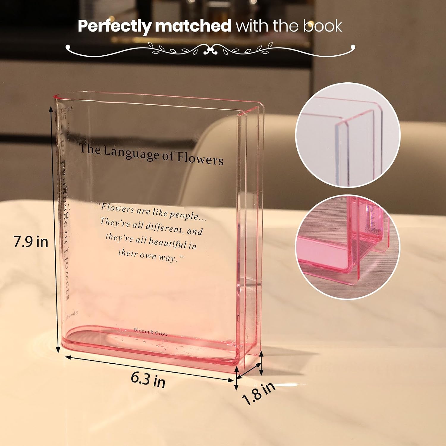 Alpharan Pink Book Vase, Acrylic Clear Book-Shaped Flower Vase | Simplicity Bookshelf Decor,Unique Stuff for Book Lovers,Home Decor,Book Club Gifts,Decorative Accent,Modern Style