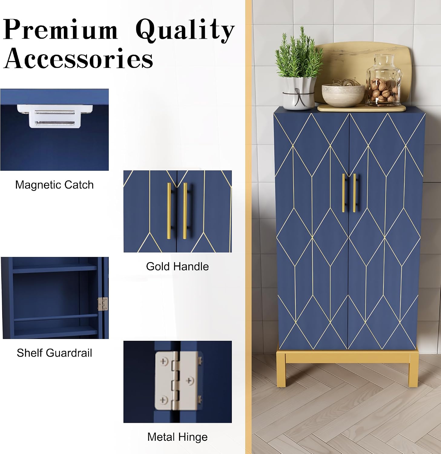 HOLTICO 45'' Kitchen Pantry Cabinet,Storage Cabinet with Doors and Adjustable Shelves,Food Pantry for Kitchen, Dining Room,Living Room and Garage,Gold Lines and Legs, Blue