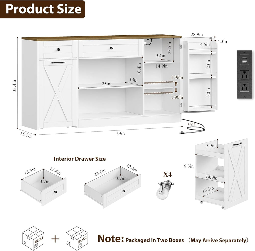 HOSTACK Multifunctional Storage Cabinet - 59" Buffet Cabinet with Charging Station, Large Kitchen Buffet Sideboard with Rolling Cart, Farmhouse Coffee Bar Cabinet with Drawers for Kitchen, White