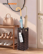 Rattan Umbrella Stand, Umbrella Holder for Entryway, Hand Woven Umbrella Rack Organizer Freestanding, with a Detachable Drip Tray, 4 Hooks, 6.5" L x 6.5" W x 16.5" H, Brown