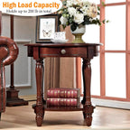 YUNMUARY-Solid Wood End Table Round Side Table with Drawers Vintage Nightstand Sofa Side Tables with Storage Shelf Traditional Retro End Tables for Small Spaces Living Room,Dark Brown