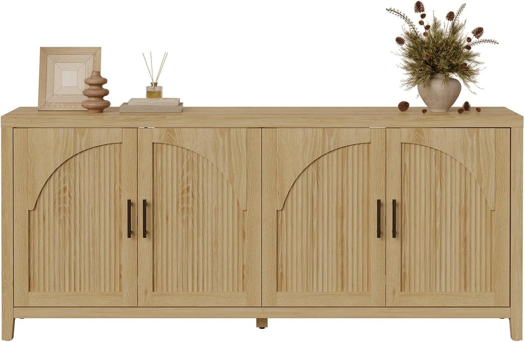 Bestier 70"W Sideboard Buffet Cabinet with Storage, Mid Century Credenza Storage Cabinet, 4 Doors Reeded Sideboard, Adjustable Shelves, Wood Buffet Long Cabinet for Living Room, Entryway, Coastal Oak
