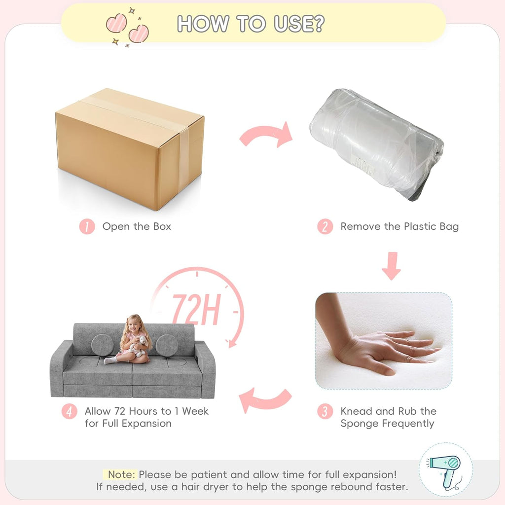 Betterhood 14pcs Modular Kids Play Couch, 1000+DIY Versatile Kids Couch Building Fort, Child Sectional Sofa for Playroom Bedroom, Convertible Foam Sofa for Boys & Girls (Grey)