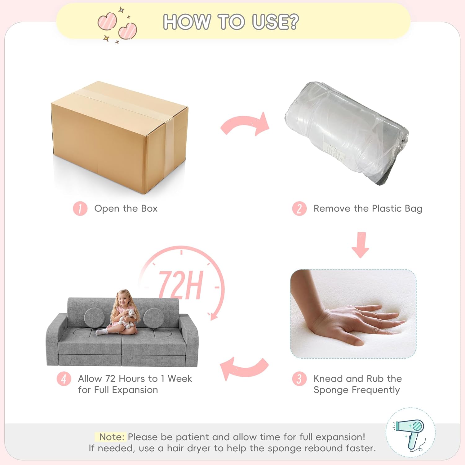 Betterhood 14pcs Modular Kids Play Couch, 1000+DIY Versatile Kids Couch Building Fort, Child Sectional Sofa for Playroom Bedroom, Convertible Foam Sofa for Boys & Girls (Grey)