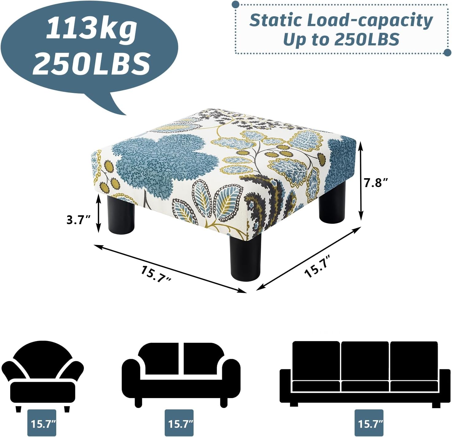 Joveco Small Foot Rest Stool Ottoman, Square Upholstered Fabric Footstool for Couch, Under Desk, Office, Living Room, Blue Floral