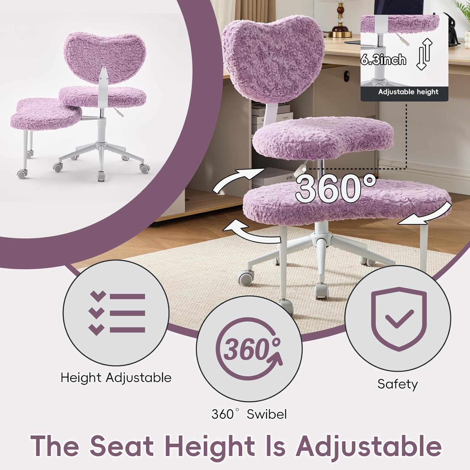 Meditation Chair with Wheels, Ergonomic Criss Cross Chair, Adjustable ADHD Floor Sitting Chair, Swivel Cross Legged Office Chair with High Back, Kneeling Posture Chair, Plush Faux Fur Fabric（Violet）