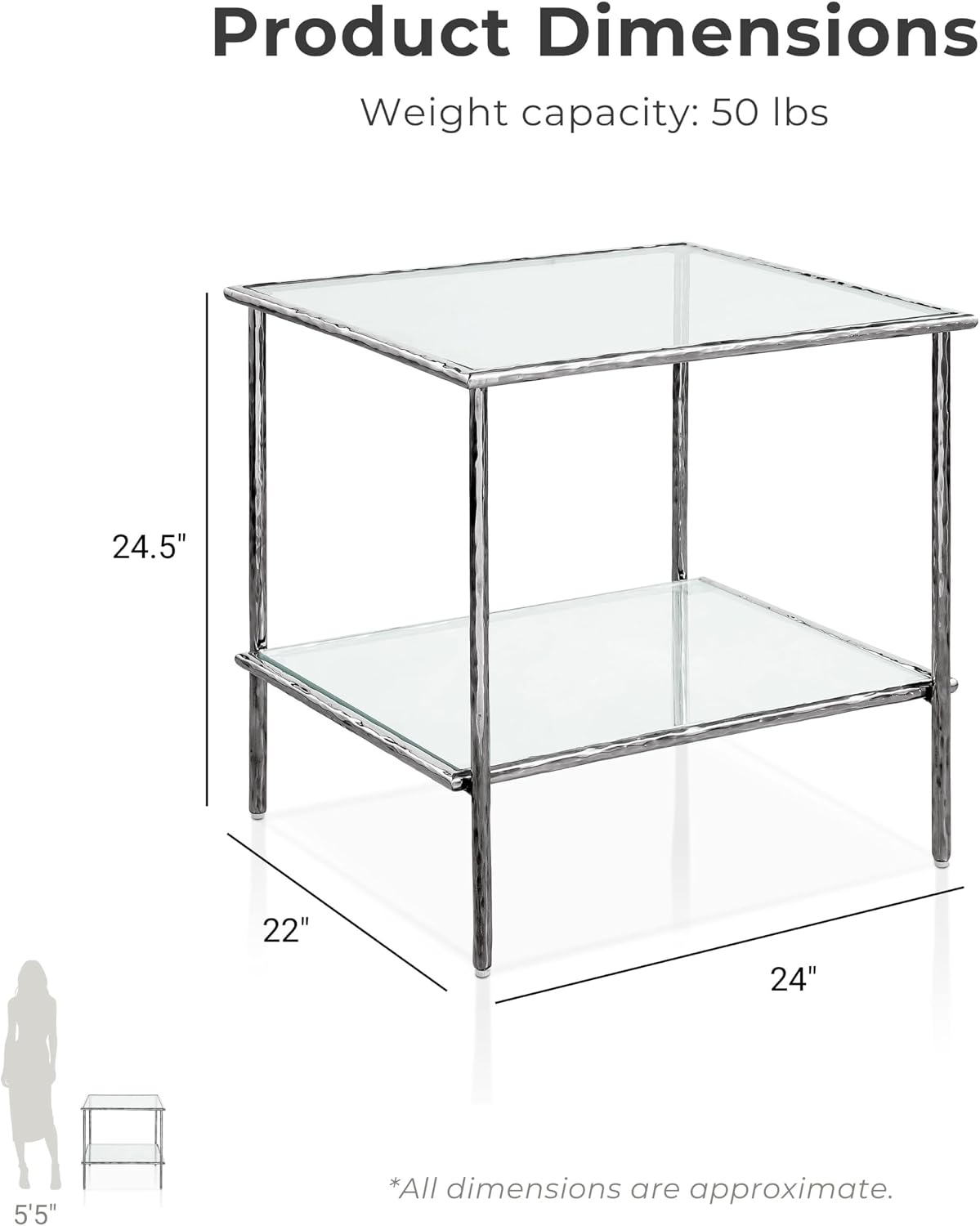 Furniture of America Zayen Glam 24-inch Metal Side Table with Tempered Glass Tabletop and Open Shelf, Hammered Stainless Steel Frame for Bedroom, Living Room, Home Office, Silver